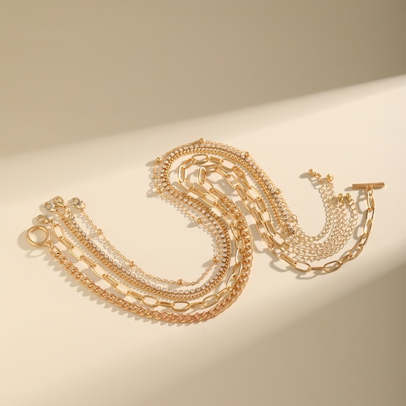 Gold 5pcs Layered Rhinestone Chain Collarbone‎ Necklaces Set - Picture 4 of 4